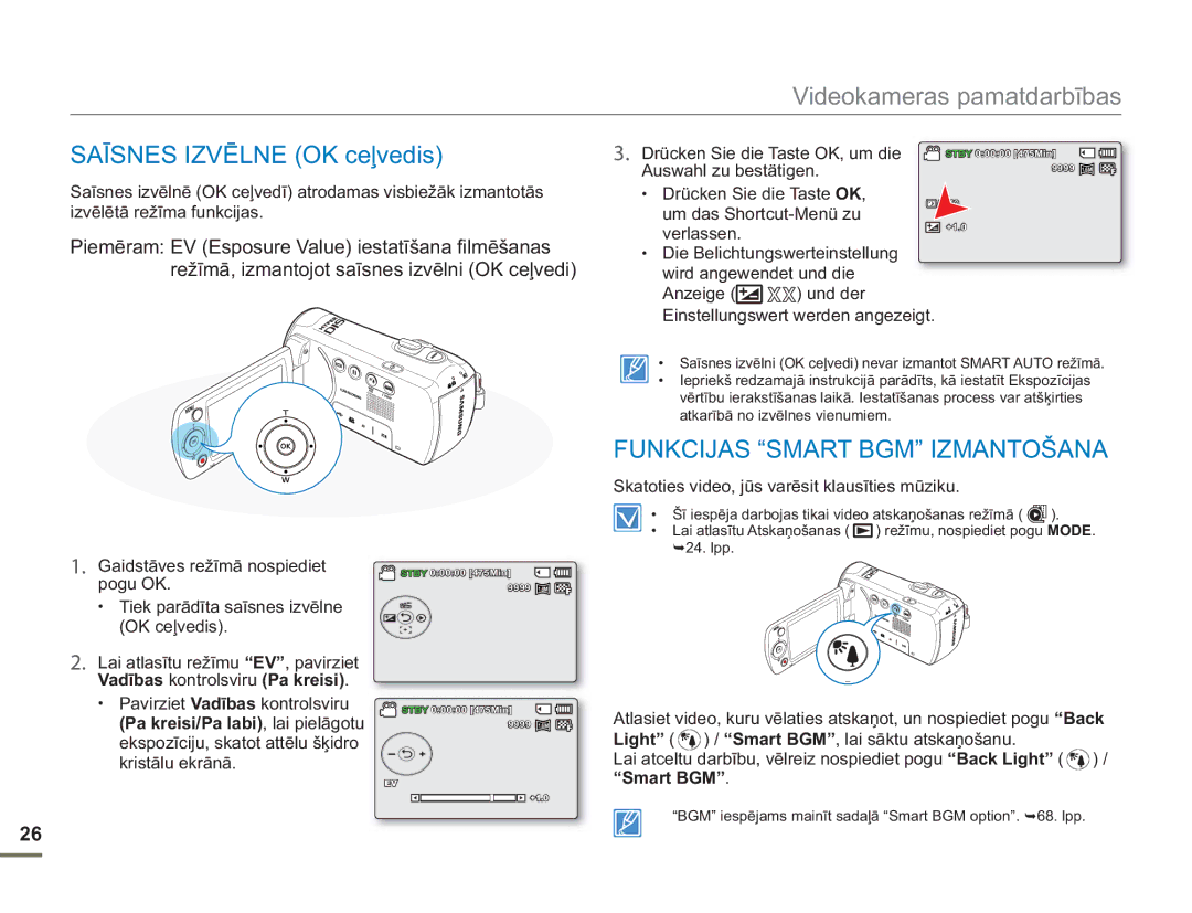 Samsung SMX-F54BP/EDC, SMX-F50BP/EDC manual Saīsnes Izvēlne OK ceļvedis, Funkcijas Smart BGM Izmantošana, Verlassen 