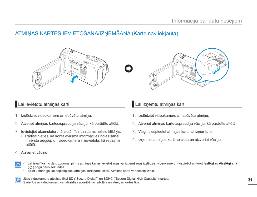 Samsung SMX-F50BP/EDC, SMX-F54BP/EDC Atmiņas Kartes IEVIETOŠANA/IZŅEMŠANA Karte nav iekļauta, Lai ievietotu atmiņas karti 