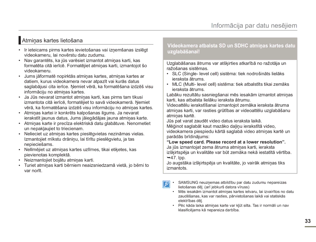 Samsung SMX-F50BP/EDC, SMX-F54BP/EDC manual Atmiņas kartes lietošana 