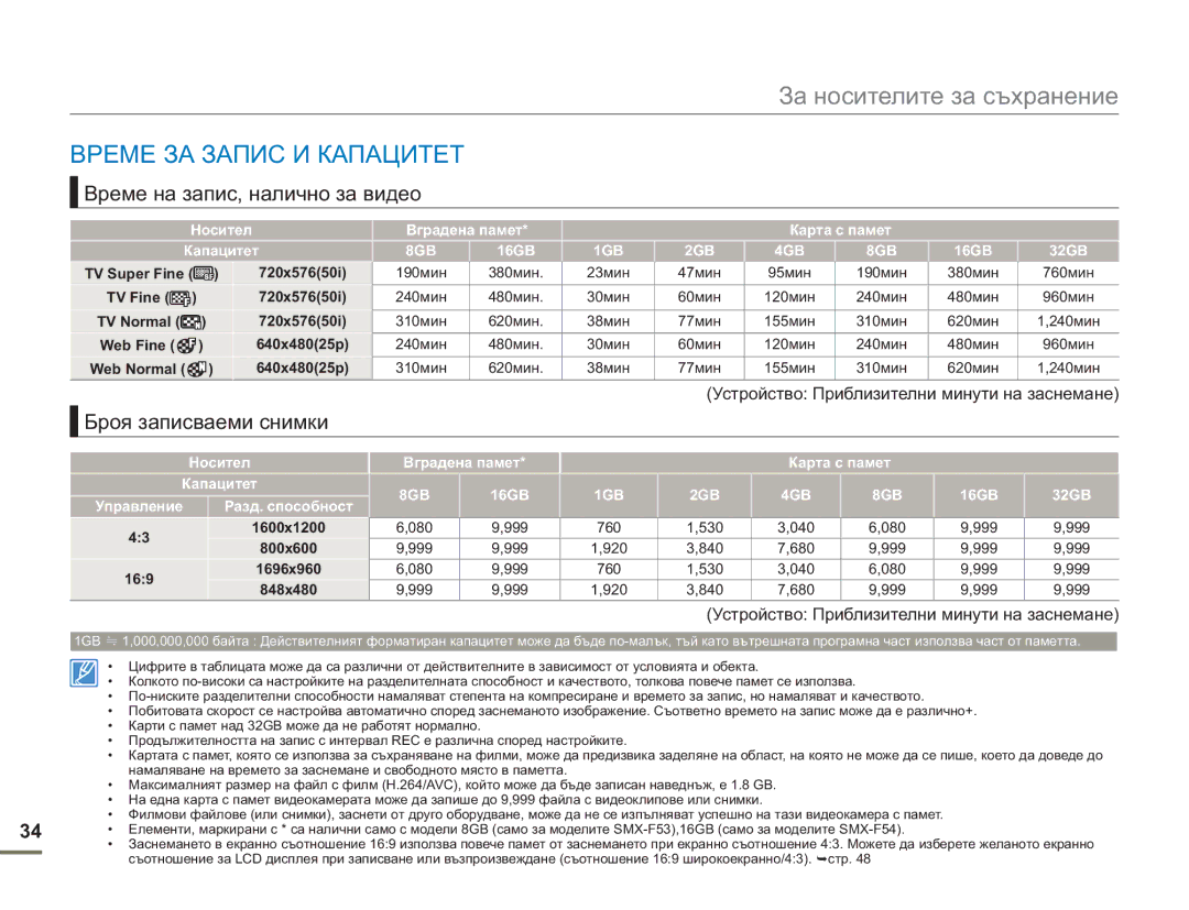 Samsung SMX-F50BP/EDC manual Време ЗА Запис И Капацитет, Време на запис, налично за видео, Броя записваеми снимки 