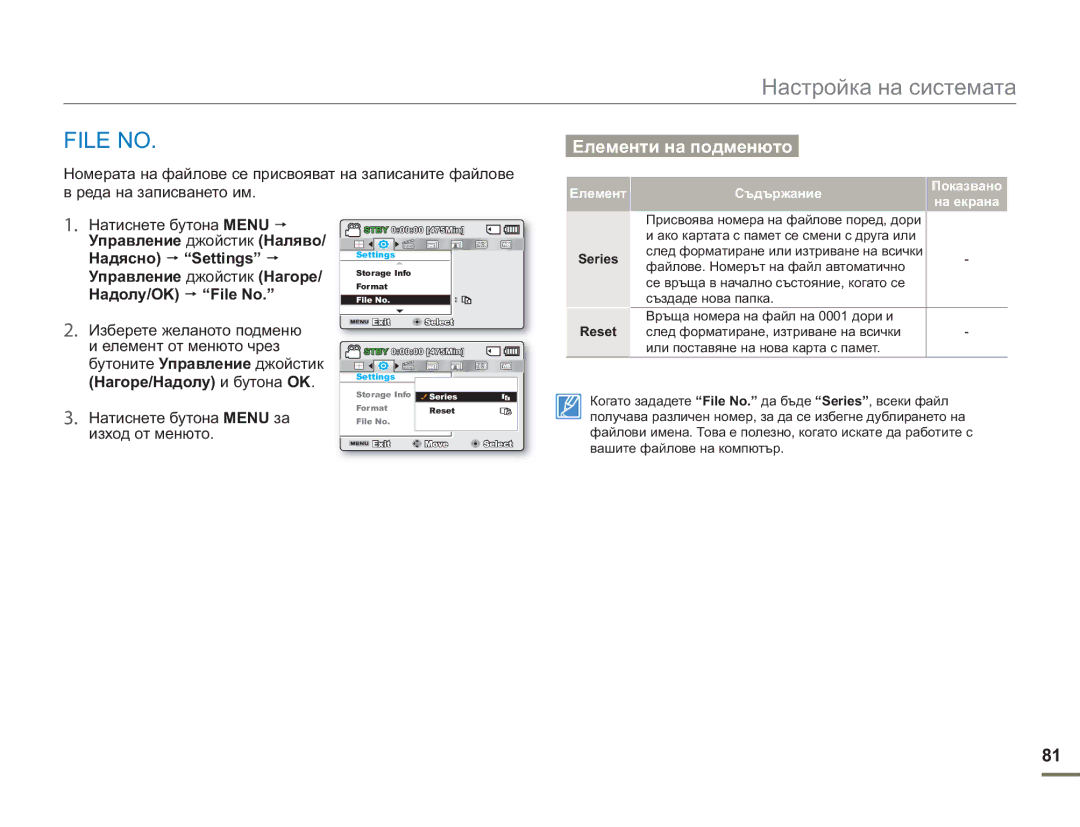 Samsung SMX-F50BP/EDC File no, Номерата на файлове се присвояват на записаните файлове, Реда на записването им, Series 