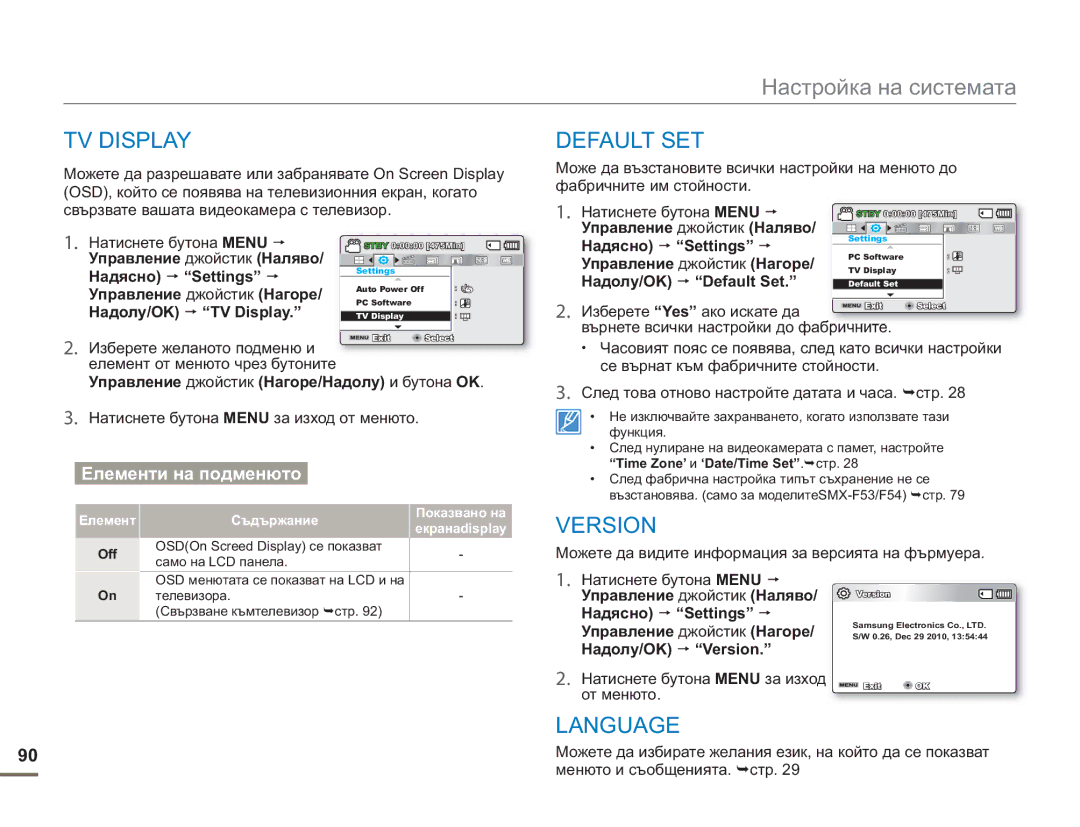 Samsung SMX-F50BP/EDC manual TV Display, Default SET, Version, Language 