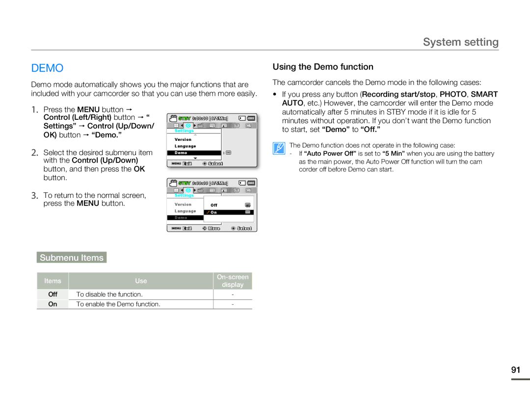 Samsung SMX-F50BN/SMX-F50RN/SMX-F50SN/SMX-F50UN user manual Using the Demo function, To start, set Demo to Off 