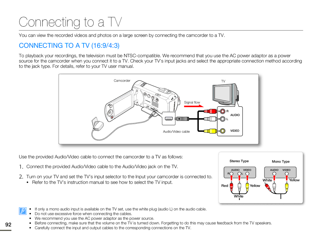 Samsung SMX-F53BN/SMX-F53RN/SMX-F53SN/SMX-F53UN, SMX-F530BN/SMX-F530RN/SMX-F530SN/SMX-F530UN Connecting to a TV 169/43 