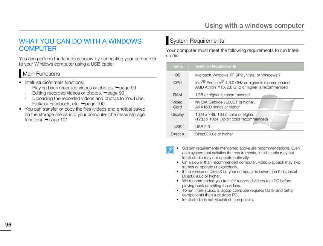 Samsung SMX-F50BN/SMX-F50RN/SMX-F50SN/SMX-F50UN user manual What YOU can do with a Windows Computer, Main Functions 