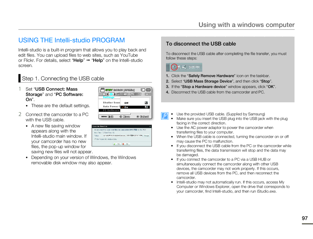 Samsung SMX-F53BN/SMX-F53RN/SMX-F53SN/SMX-F53UN user manual Using the Intelli-studio Program, Connecting the USB cable 