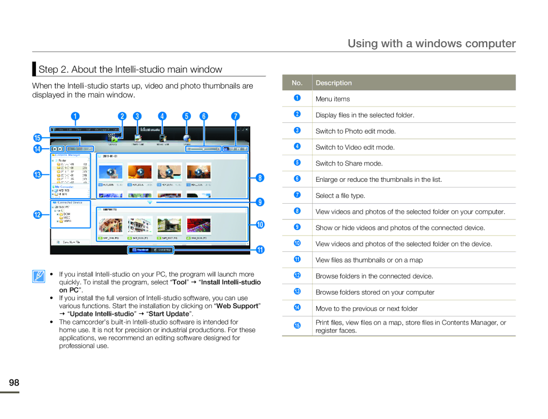 Samsung SMX-F500BN/SMX-F500RN/SMX-F500SN/SMX-F500UN user manual About the Intelli-studio main window, No. Description 