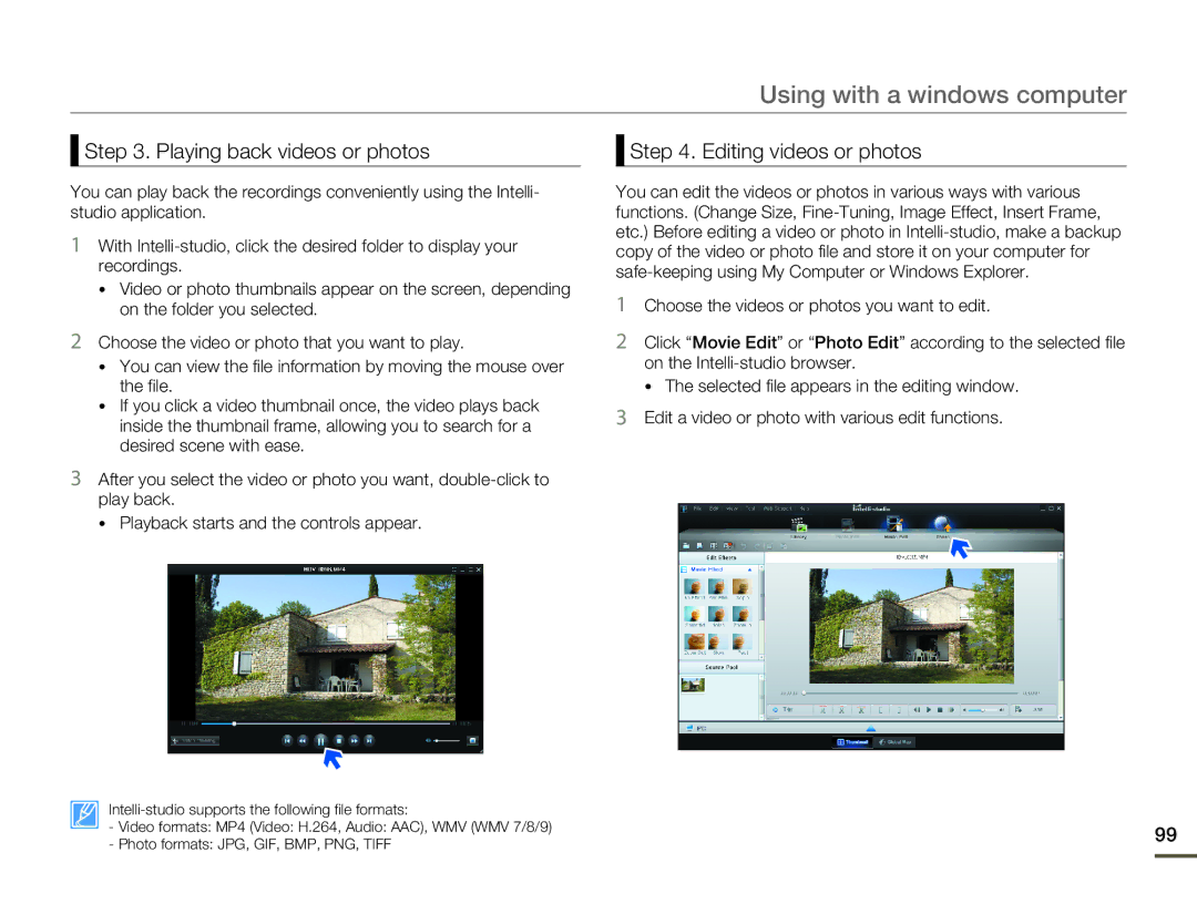 Samsung SMX-F54BN/SMX-F54RN/SMX-F54SN/SMX-F54UN user manual Playing back videos or photos, Editing videos or photos 