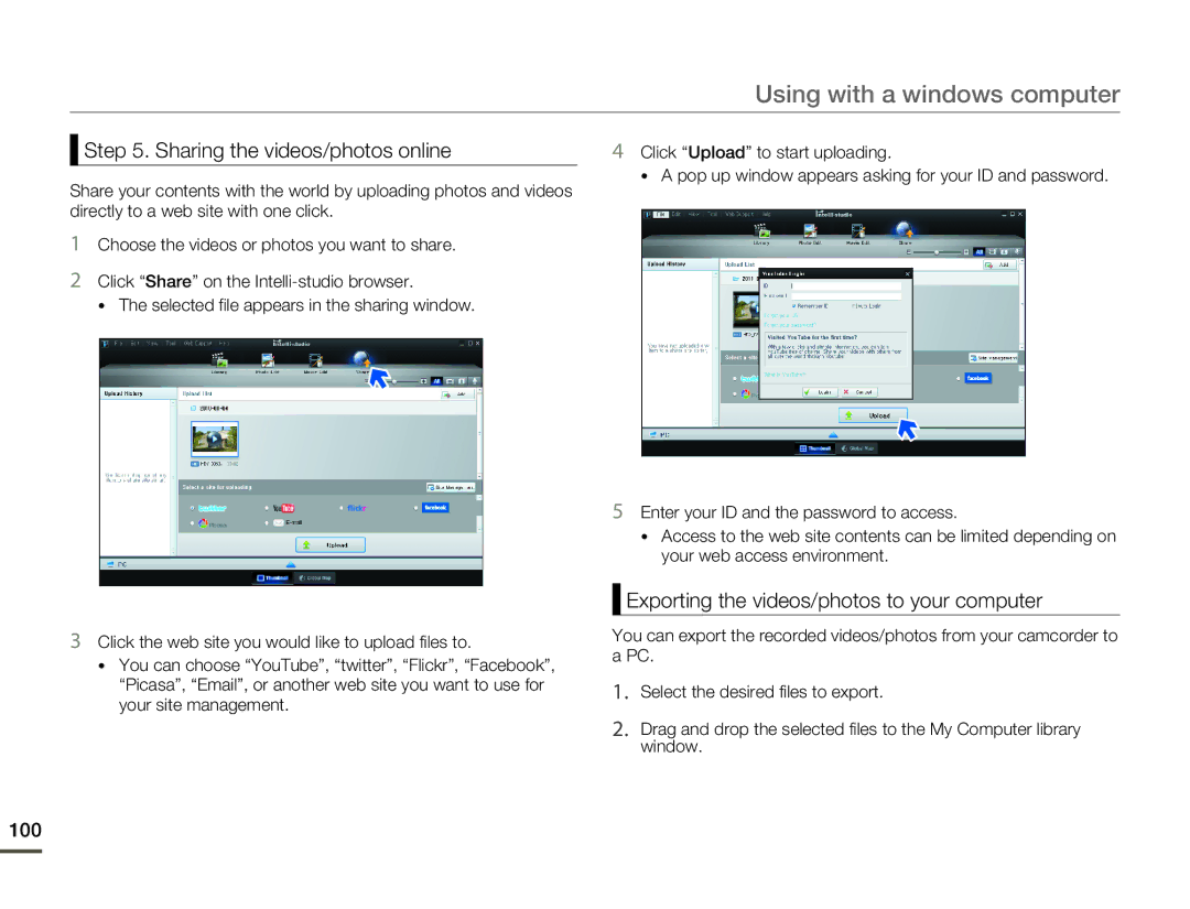 Samsung SMX-F530BN/SMX-F530RN/SMX-F530SN/SMX-F530UN user manual Sharing the videos/photos online, 100 