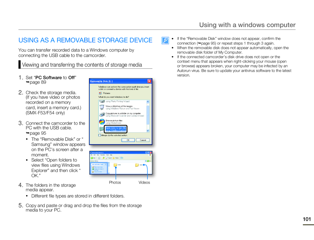 Samsung SMX-F50BN/SMX-F50RN/SMX-F50SN/SMX-F50UN user manual Using AS a Removable Storage Device, 101 