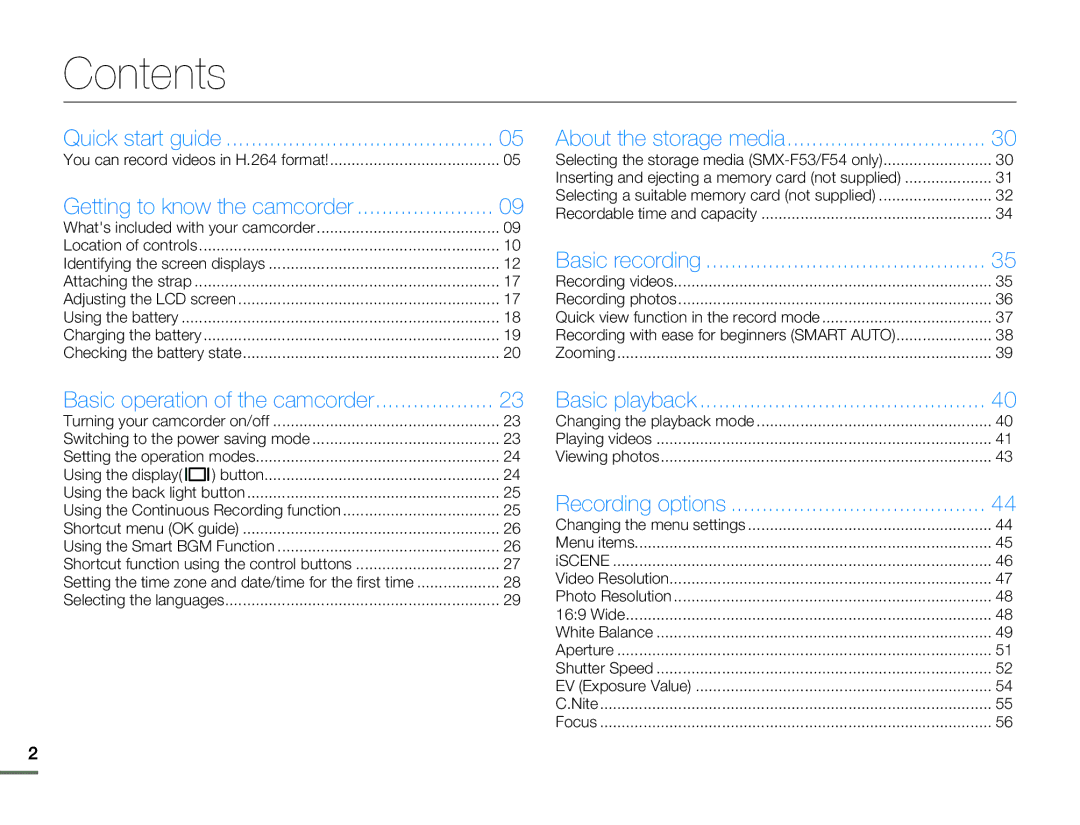 Samsung SMX-F53BN/SMX-F53RN/SMX-F53SN/SMX-F53UN, SMX-F530BN/SMX-F530RN/SMX-F530SN/SMX-F530UN user manual Contents 