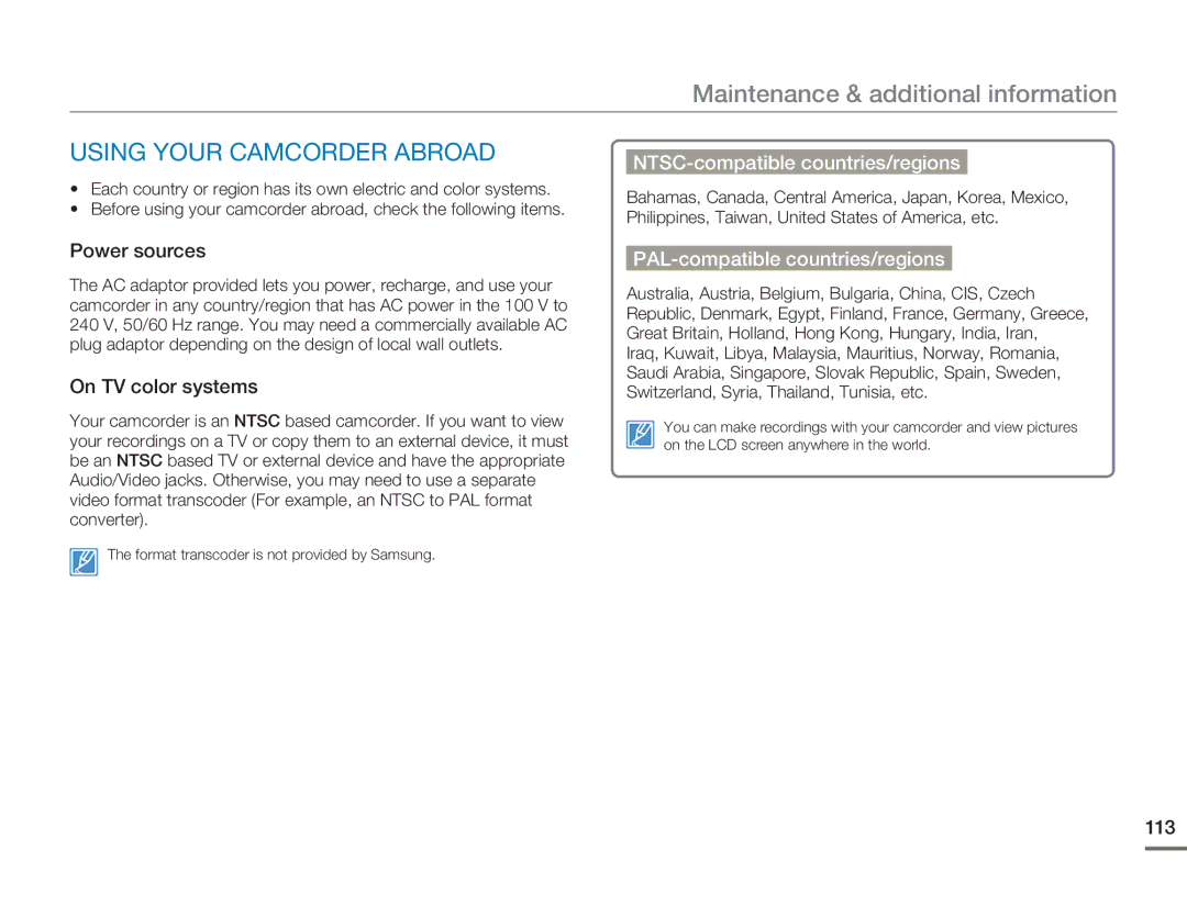 Samsung SMX-F500BN/SMX-F500RN/SMX-F500SN/SMX-F500UN Using Your Camcorder Abroad, NTSC-compatible countries/regions 