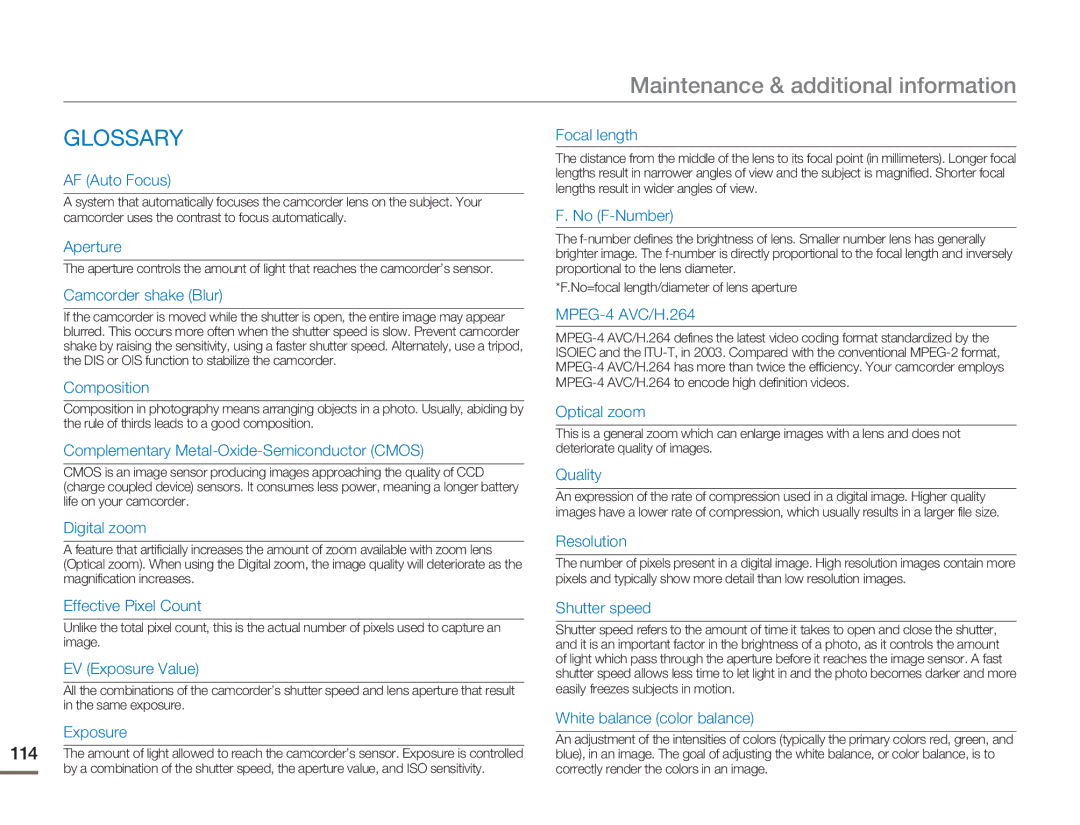 Samsung SMX-F54BN/SMX-F54RN/SMX-F54SN/SMX-F54UN, SMX-F530BN/SMX-F530RN/SMX-F530SN/SMX-F530UN Glossary, AF Auto Focus 