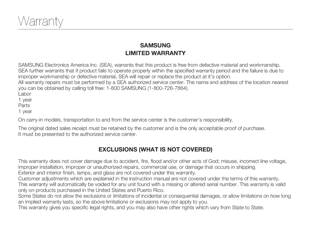 Samsung SMX-F50BN/SMX-F50RN/SMX-F50SN/SMX-F50UN, SMX-F530BN/SMX-F530RN/SMX-F530SN/SMX-F530UN Samsung Limited Warranty 