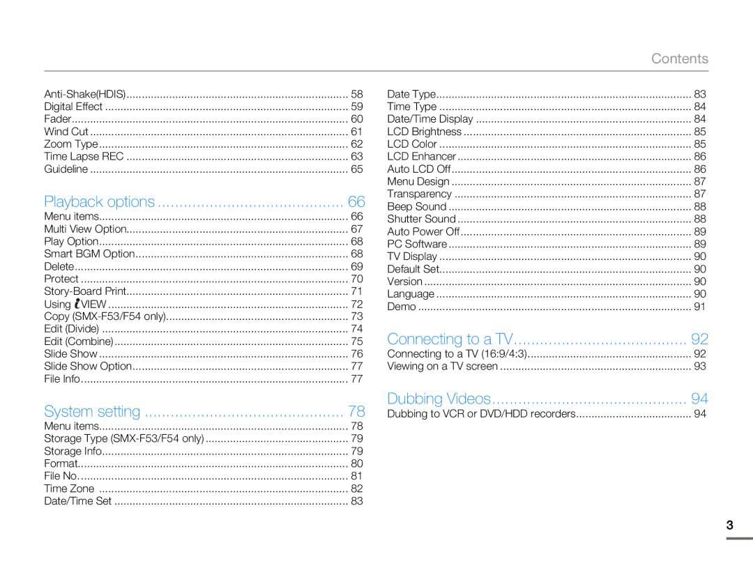 Samsung SMX-F500BN/SMX-F500RN/SMX-F500SN/SMX-F500UN, SMX-F530BN/SMX-F530RN/SMX-F530SN/SMX-F530UN user manual Contents 