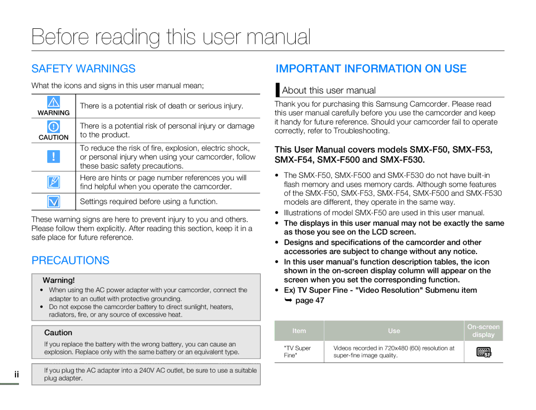 Samsung SMX-F53BN/SMX-F53RN/SMX-F53SN/SMX-F53UN Safety Warnings, Precautions, Important Information on USE, To the product 