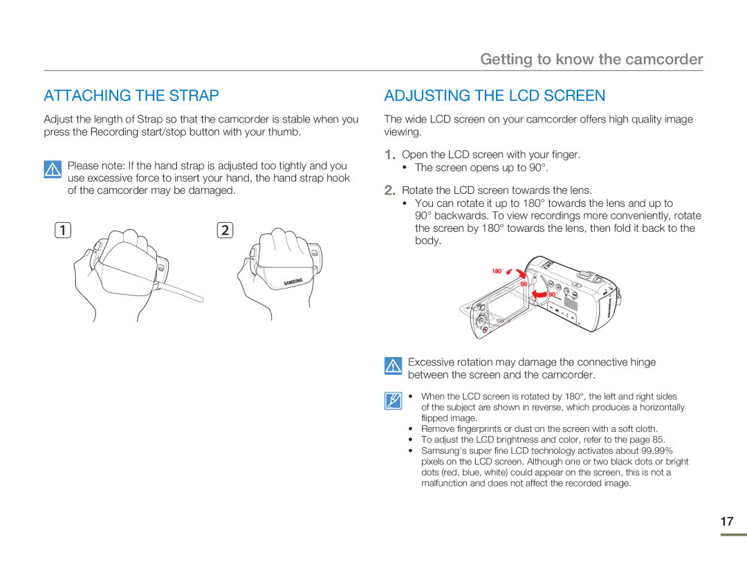 Samsung SMX-F53BN/SMX-F53RN/SMX-F53SN/SMX-F53UN user manual Attaching the Strap Adjusting the LCD Screen 