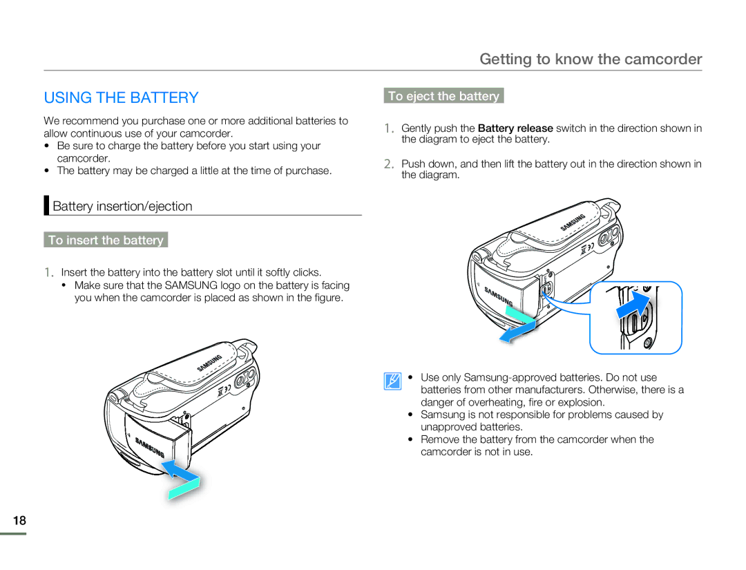 Samsung SMX-F500BN/SMX-F500RN/SMX-F500SN/SMX-F500UN Using the Battery, To eject the battery, Battery insertion/ejection 