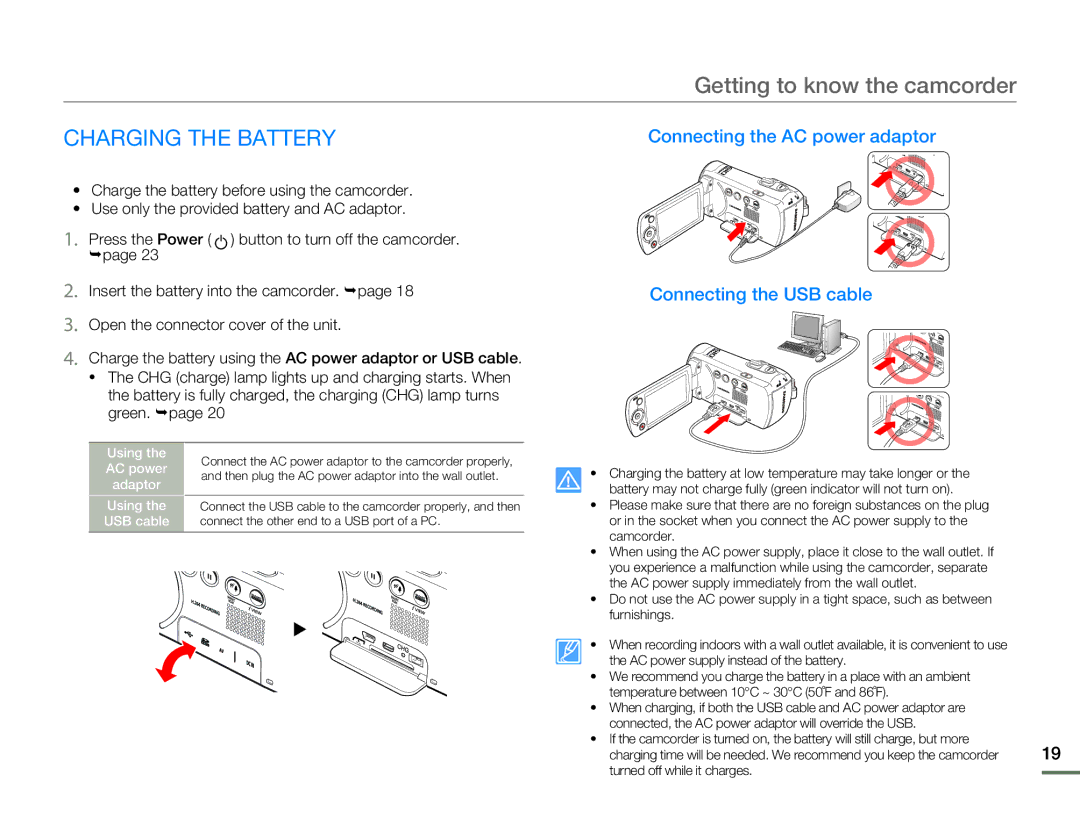 Samsung SMX-F54BN/SMX-F54RN/SMX-F54SN/SMX-F54UN user manual Charging the Battery, Using, AC power, Adaptor, USB cable 