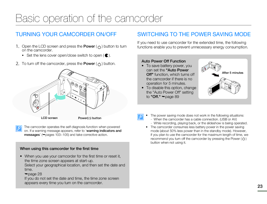 Samsung SMX-F500BN/SMX-F500RN/SMX-F500SN/SMX-F500UN Basic operation of the camcorder, Turning Your Camcorder ON/OFF 