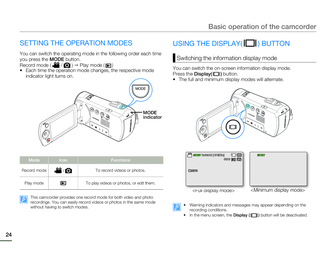 Samsung SMX-F54BN/SMX-F54RN/SMX-F54SN/SMX-F54UN Setting the Operation Modes Using the Display Button, Minimum display mode 