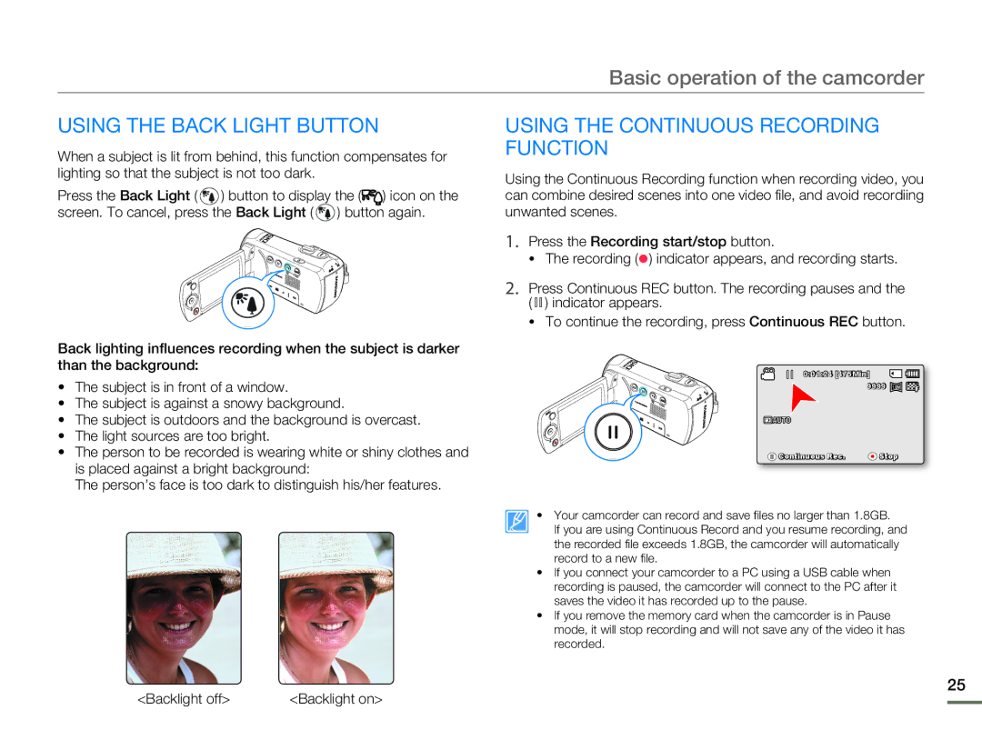 Samsung SMX-F530BN/SMX-F530RN/SMX-F530SN/SMX-F530UN Using the Back Light Button Using the Continuous Recording, Function 