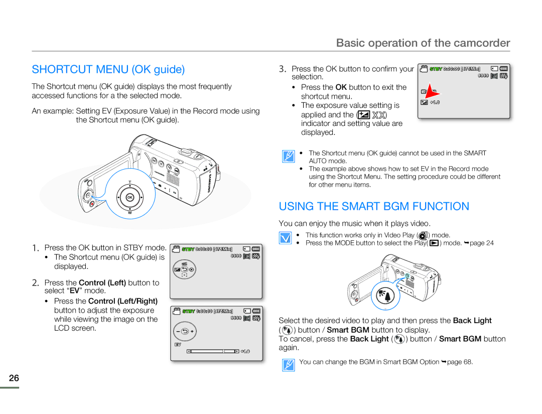 Samsung SMX-F50BN/SMX-F50RN/SMX-F50SN/SMX-F50UN user manual Shortcut Menu OK guide, Using the Smart BGM Function 