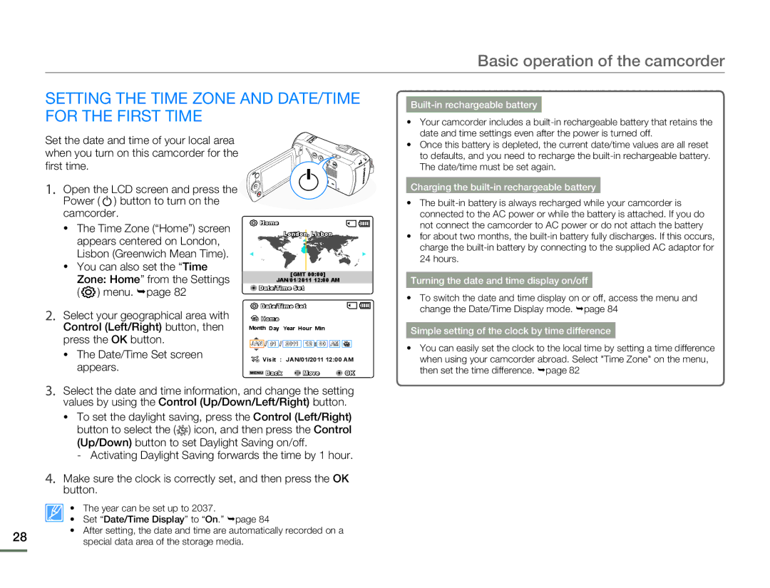 Samsung SMX-F500BN/SMX-F500RN/SMX-F500SN/SMX-F500UN user manual Setting the Time Zone and DATE/TIME for the First Time 