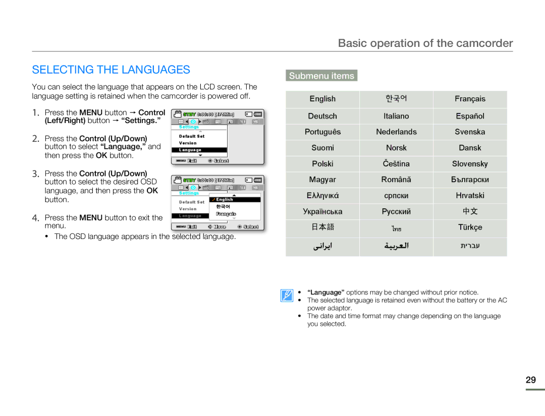 Samsung SMX-F54BN/SMX-F54RN/SMX-F54SN/SMX-F54UN user manual Selecting the Languages, Submenu items 