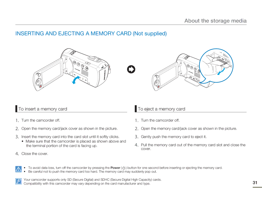 Samsung SMX-F50BN/SMX-F50RN/SMX-F50SN/SMX-F50UN Inserting and Ejecting a Memory Card Not supplied, To insert a memory card 