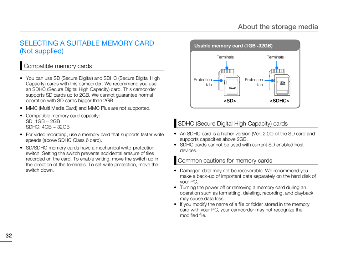 Samsung SMX-F53BN/SMX-F53RN/SMX-F53SN/SMX-F53UN Selecting a Suitable Memory Card Not supplied, Compatible memory cards 