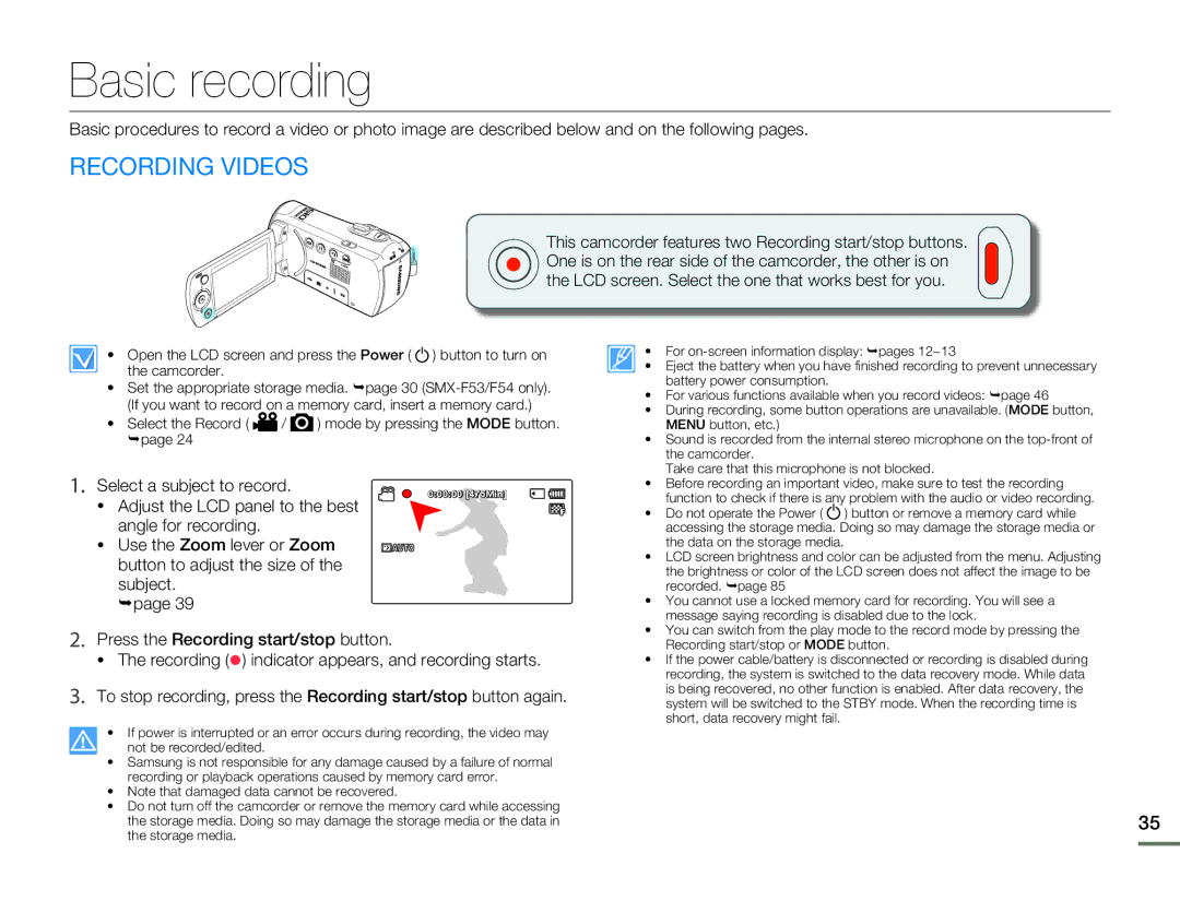 Samsung SMX-F530BN/SMX-F530RN/SMX-F530SN/SMX-F530UN Basic recording, Recording Videos, Select a subject to record 