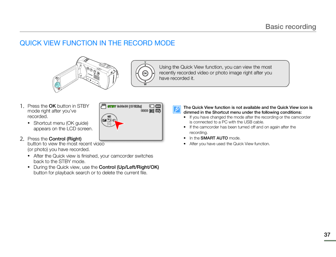 Samsung SMX-F53BN/SMX-F53RN/SMX-F53SN/SMX-F53UN user manual Quick View Function in the Record Mode 