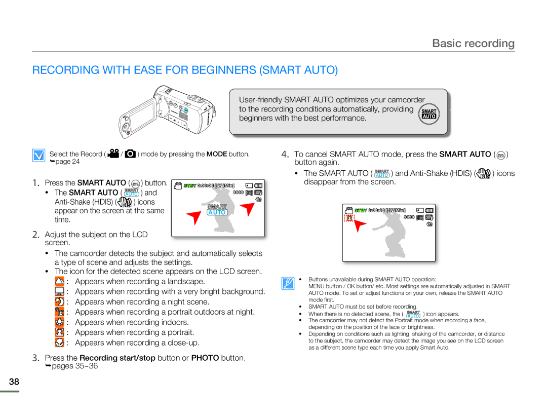 Samsung SMX-F500BN/SMX-F500RN/SMX-F500SN/SMX-F500UN Recording with Ease for Beginners Smart Auto, Smart Auto Smartauto 