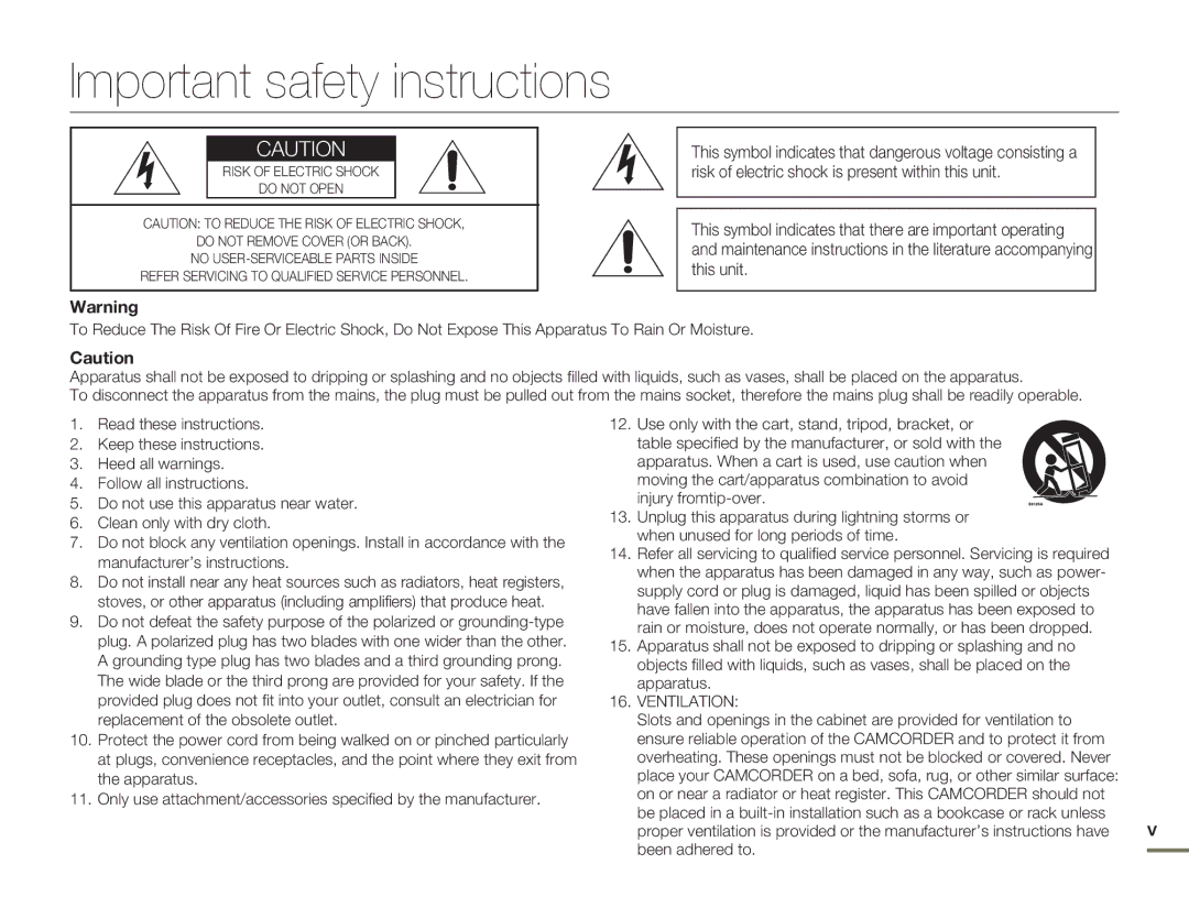 Samsung SMX-F530BN/SMX-F530RN/SMX-F530SN/SMX-F530UN user manual Important safety instructions, Ventilation 