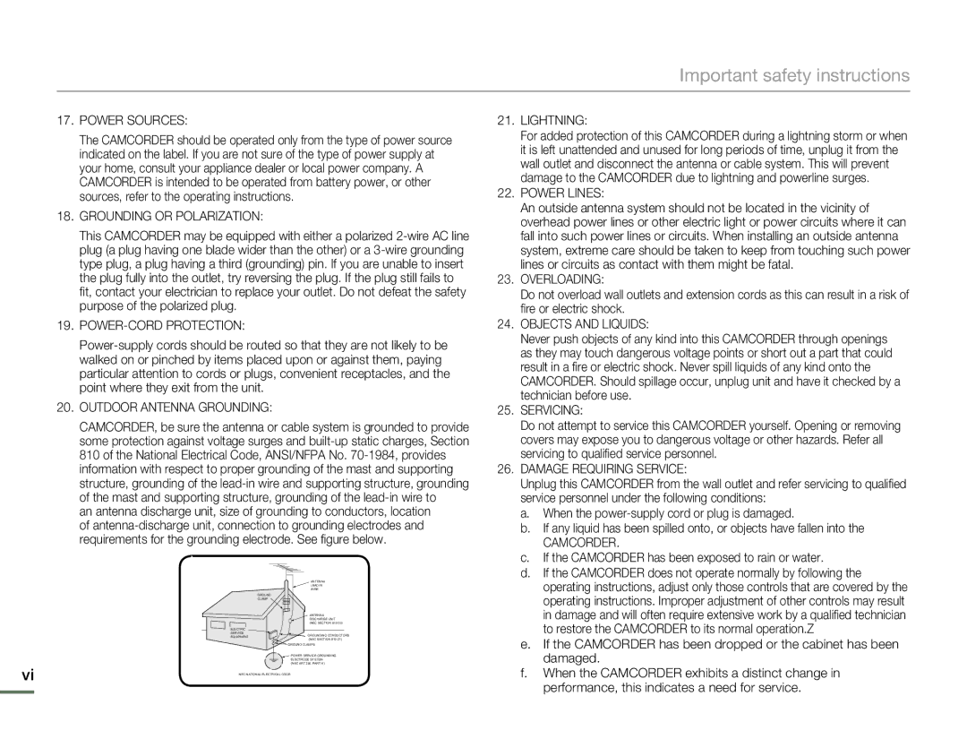 Samsung SMX-F50BN/SMX-F50RN/SMX-F50SN/SMX-F50UN, SMX-F530BN/SMX-F530RN/SMX-F530SN/SMX-F530UN Important safety instructions 