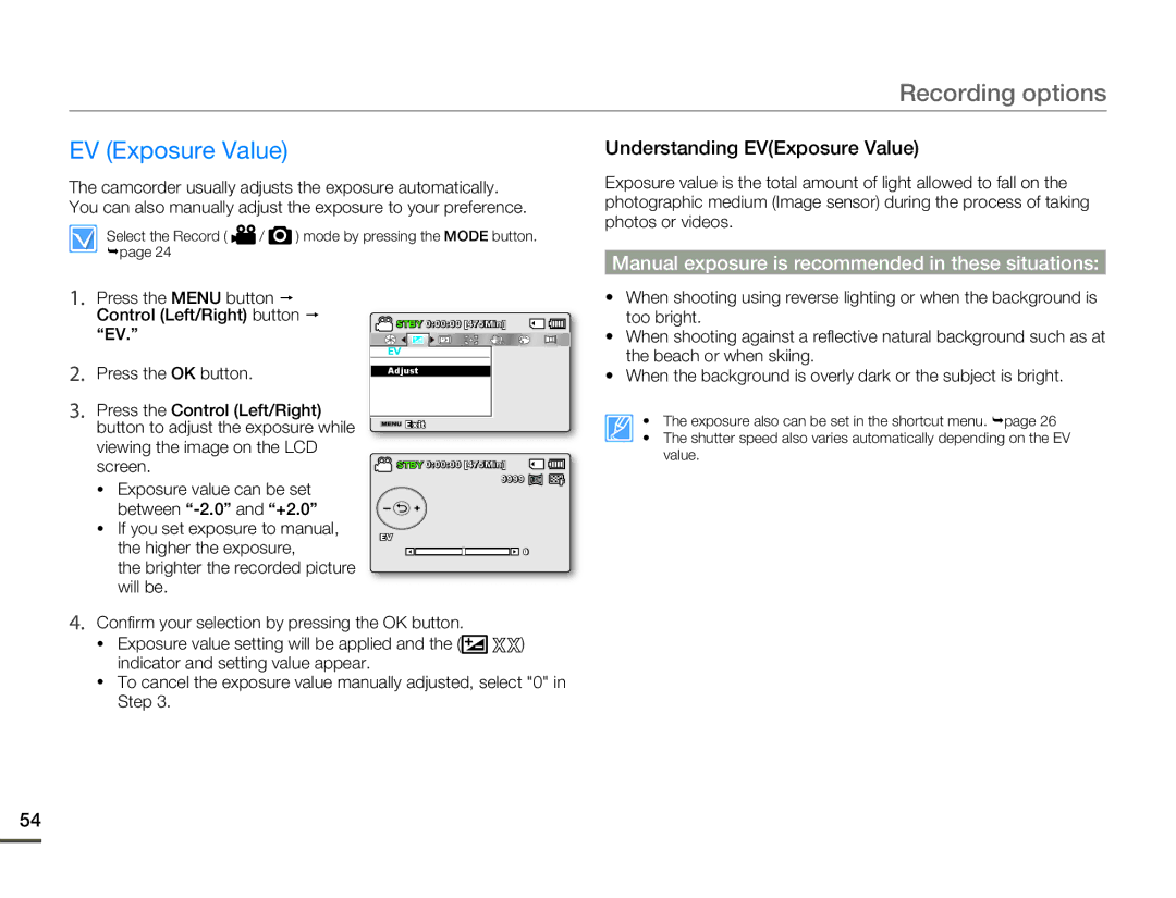 Samsung SMX-F54BN/SMX-F54RN/SMX-F54SN/SMX-F54UN user manual EV Exposure Value, Understanding EVExposure Value 