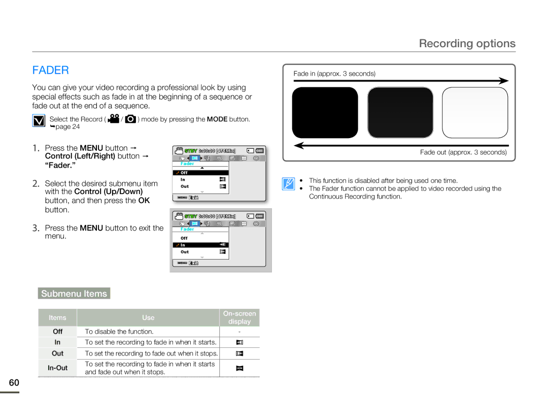 Samsung SMX-F530BN/SMX-F530RN/SMX-F530SN/SMX-F530UN, SMX-F50BN/SMX-F50RN/SMX-F50SN/SMX-F50UN user manual Fader 