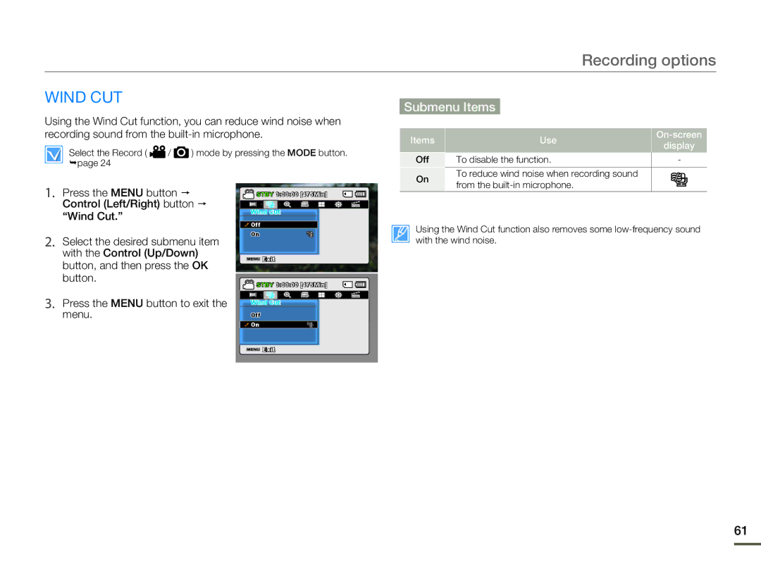 Samsung SMX-F50BN/SMX-F50RN/SMX-F50SN/SMX-F50UN user manual Wind CUT, Items Use On-screen Display 