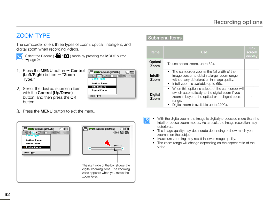 Samsung SMX-F53BN/SMX-F53RN/SMX-F53SN/SMX-F53UN user manual Zoom Type, Left/Right button  Zoom, Items Use Screen Display 