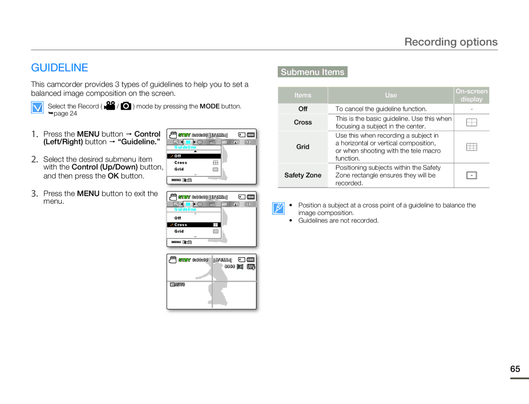 Samsung SMX-F530BN/SMX-F530RN/SMX-F530SN/SMX-F530UN user manual Left/Right button  Guideline, Then press the OK button 