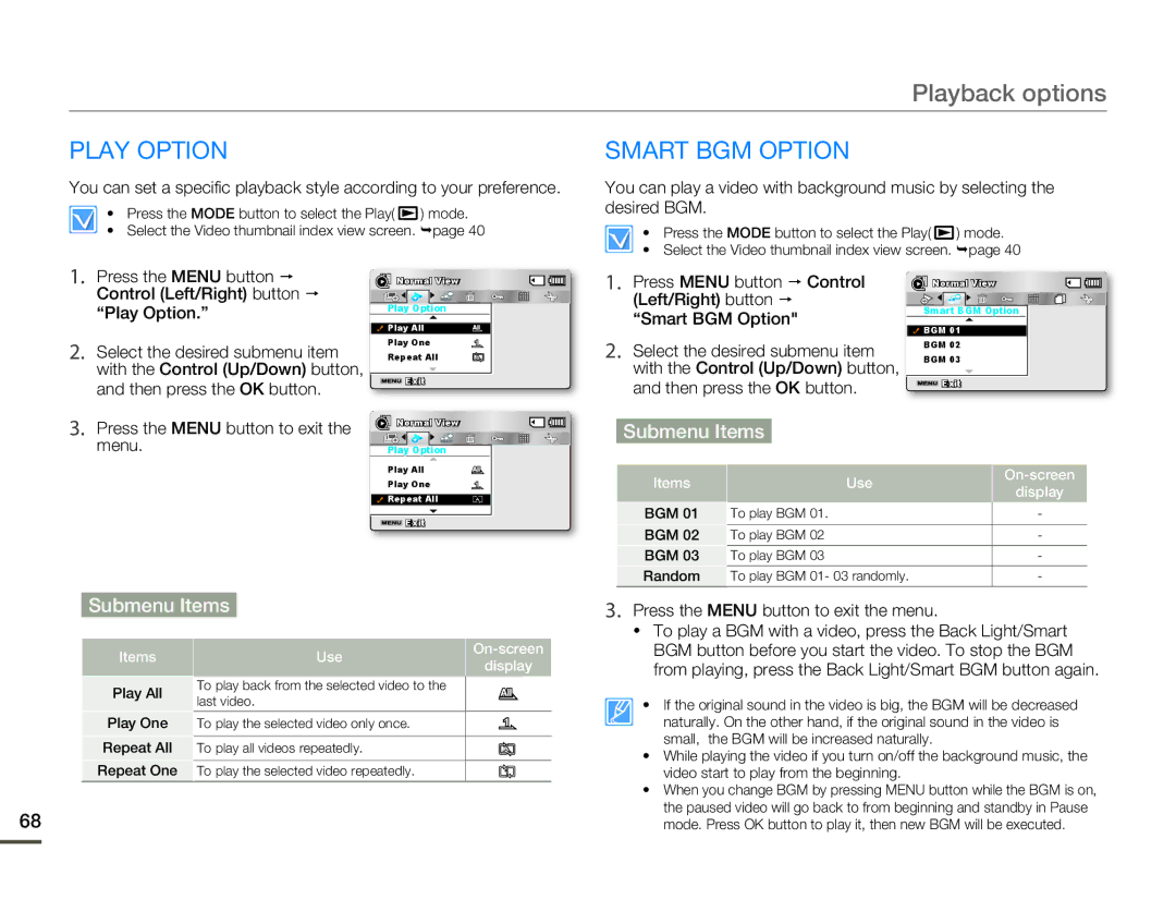 Samsung SMX-F500BN/SMX-F500RN/SMX-F500SN/SMX-F500UN, SMX-F50BN/SMX-F50RN/SMX-F50SN/SMX-F50UN Play Option Smart BGM Option 