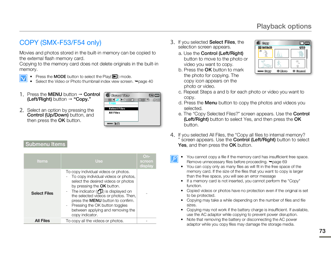 Samsung SMX-F500BN/SMX-F500RN/SMX-F500SN/SMX-F500UN user manual Copy SMX-F53/F54 only, Left/Right button  Copy 