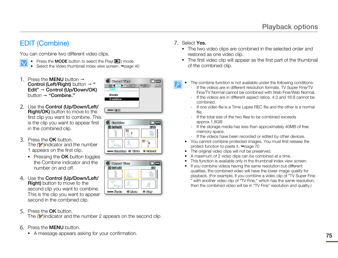 Samsung SMX-F530BN/SMX-F530RN/SMX-F530SN/SMX-F530UN user manual Edit Combine, You can combine two different video clips 