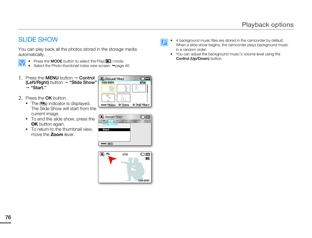 Samsung SMX-F50BN/SMX-F50RN/SMX-F50SN/SMX-F50UN user manual Slide Show,  Start Press the OK button Indicator is displayed 