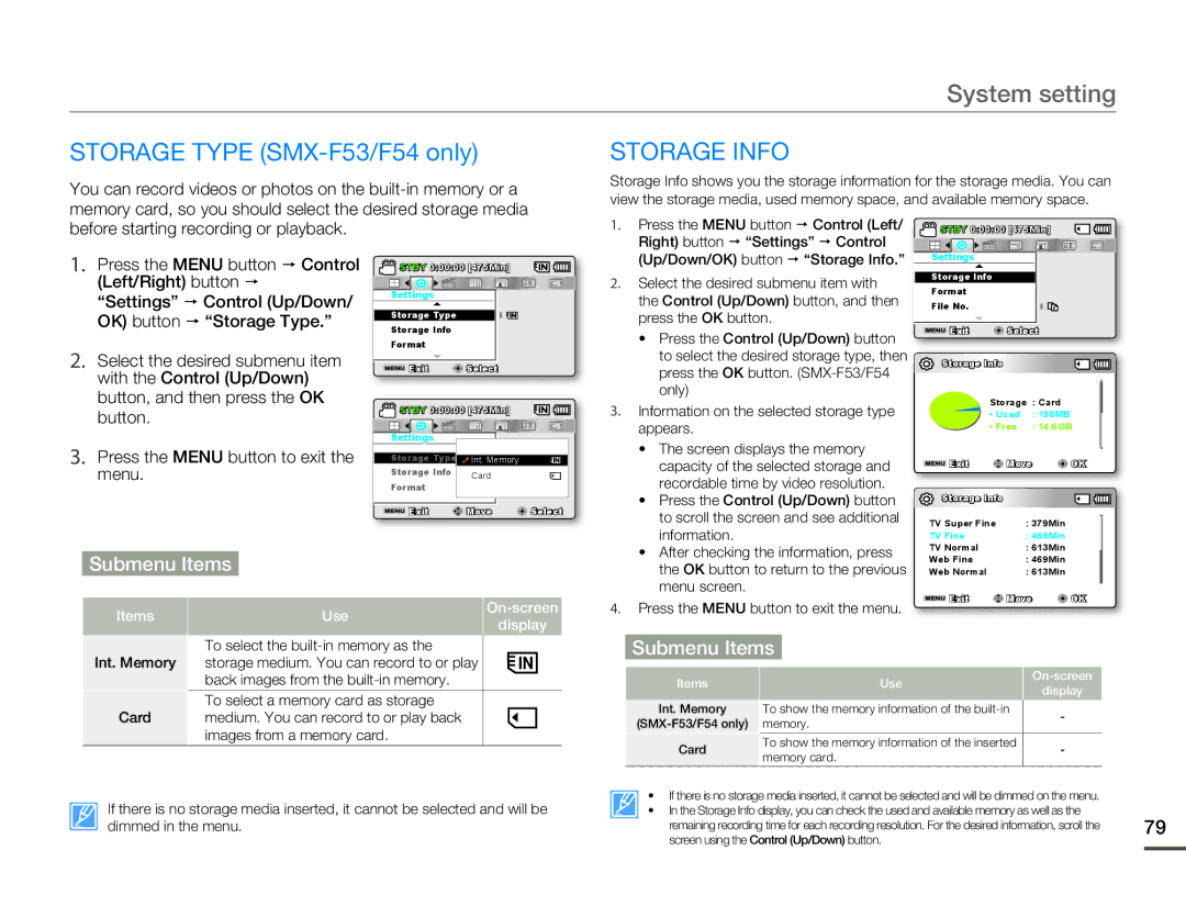 Samsung SMX-F54BN/SMX-F54RN/SMX-F54SN/SMX-F54UN user manual Storage Type SMX-F53/F54 only, Storage Info 