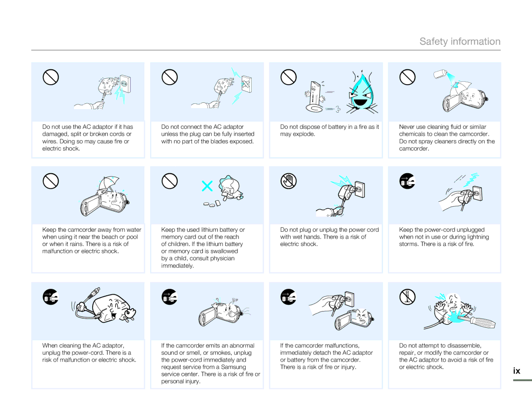 Samsung SMX-F54BN/SMX-F54RN/SMX-F54SN/SMX-F54UN, SMX-F530BN/SMX-F530RN/SMX-F530SN/SMX-F530UN user manual Safety information 