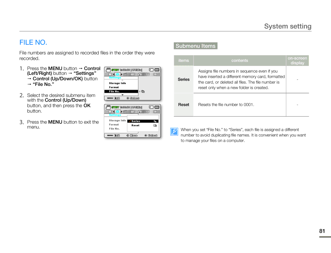 Samsung SMX-F50BN/SMX-F50RN/SMX-F50SN/SMX-F50UN user manual File no, Items Contents On-screen Display 