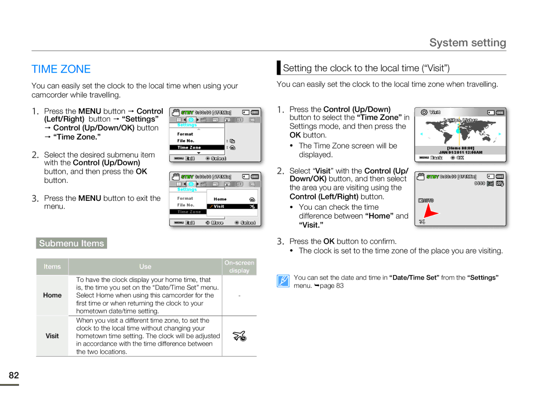 Samsung SMX-F53BN/SMX-F53RN/SMX-F53SN/SMX-F53UN user manual Time Zone, Setting the clock to the local time Visit, Displayed 