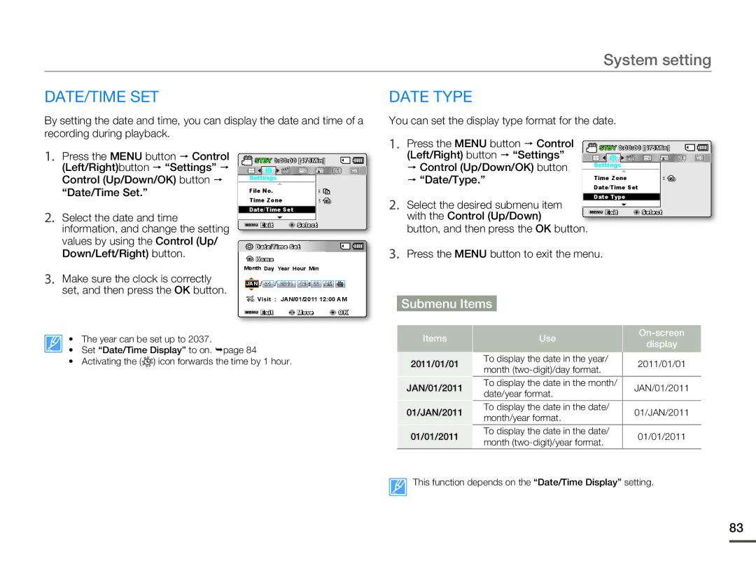 Samsung SMX-F500BN/SMX-F500RN/SMX-F500SN/SMX-F500UN user manual Date/Time Set, Left/Right button  Settings,  Date/Type 